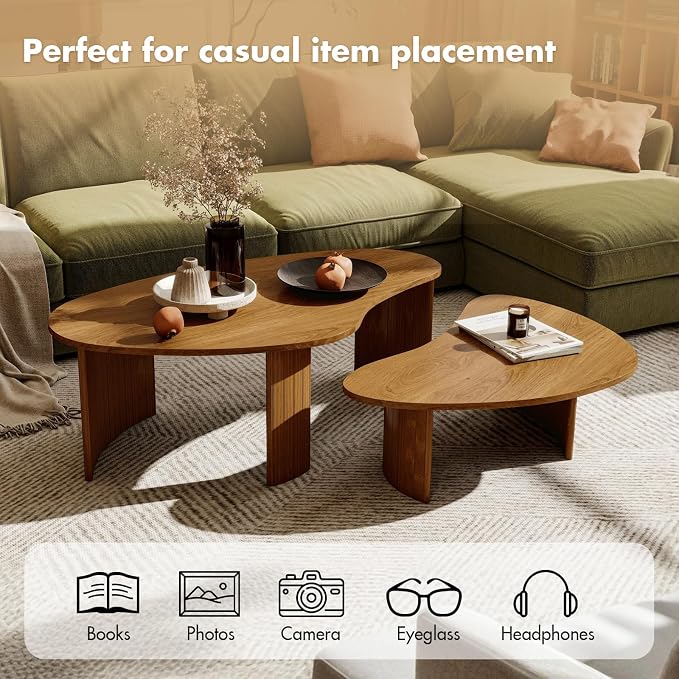 Mid Century Modern Nesting Coffee Tables Set of 2 – Walnut Ash Veneer with Fluted Solid Wood Legs, Mango-Shaped End Tables for Living Room, Farmhouse & Contemporary Style