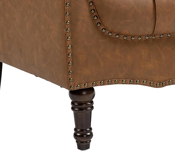 UIXE Faux Leather Accent Chair for Living Room, Upholstered Retro Armchair Tufted Club Arm Chair Single Sofa Lounge Bedroom Side Reading Seating with Solid Wood Legs, Camel