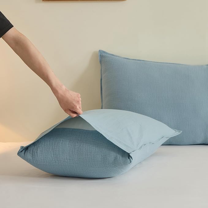 Simple&Opulence Linen Muslin Duvet Cover Set Twin Size, 3Pcs Blue Linen Cotton 3-Layer Gauze Minimalist Comforter Cover 68”x86”, Ultra Soft Breathable Seersucker Bedding Set with 1 Pillowcase