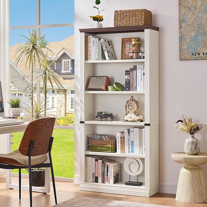 70" White Tall Bookshelf,5-Tier Thick Wooden Book Shelf with Adjustable Shelves,Free Standing Farmhouse Bookcase with Open Display Storage,Floor Vintage Bookshelves for Living Room,Office