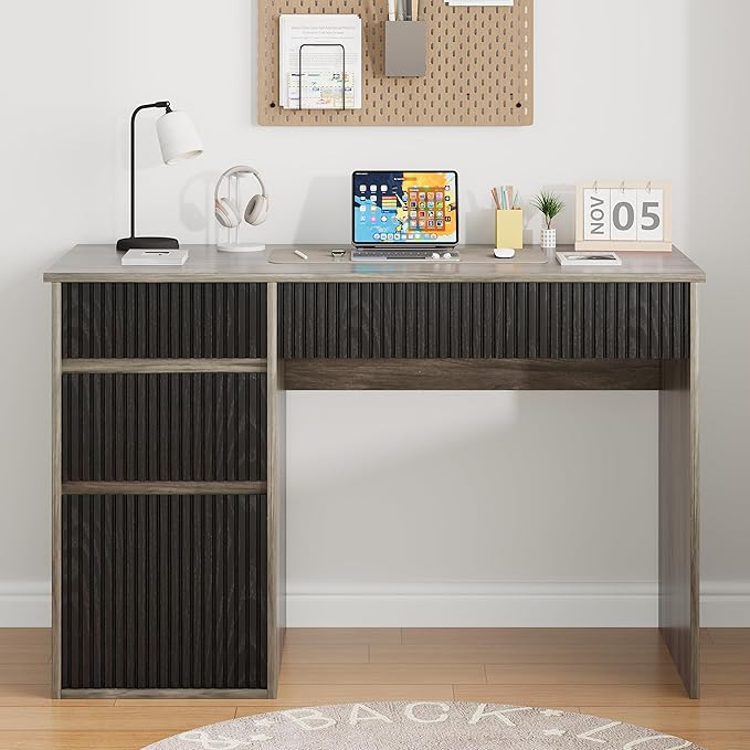4 EVER WINNER Computer Desk with Drawers, 48 Inch Small Desk with Drawers and Storage Cabinet, Wood Desk with Hidden Handle for Living Room, Bedroom, Home Office Desk for Small Spaces, Grey