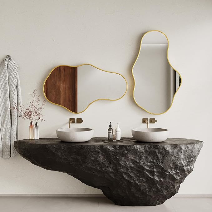 Irregular Wall Mirror - Gold Wall Mirrors Decorative 24"x 40" Wavy Asymmetrical Abstract Mirror Aviation Aluminum Alloy Frame Unique for Vanity, Entryway, Bathroom, Bedroom, Living Room, Cloakroom