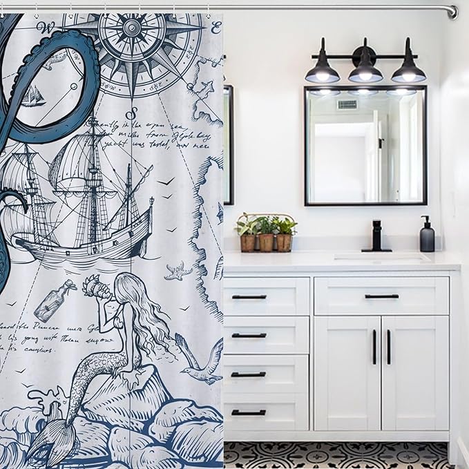 Nautical Octopus Shower Curtain,Funny Monster Ocean Kraken Sealife Pirate Ship Sailboat Retro Nautical Map Rural Bathroom Decor Fabric Waterproof Bathroom Curtain with Hooks,72x84Inch