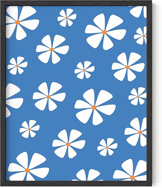 HAUS AND HUES Daisy Wall Art - Blue Floral Painting, Aesthetic Flower Picture for Home Decor (Black Frame, 16x20)