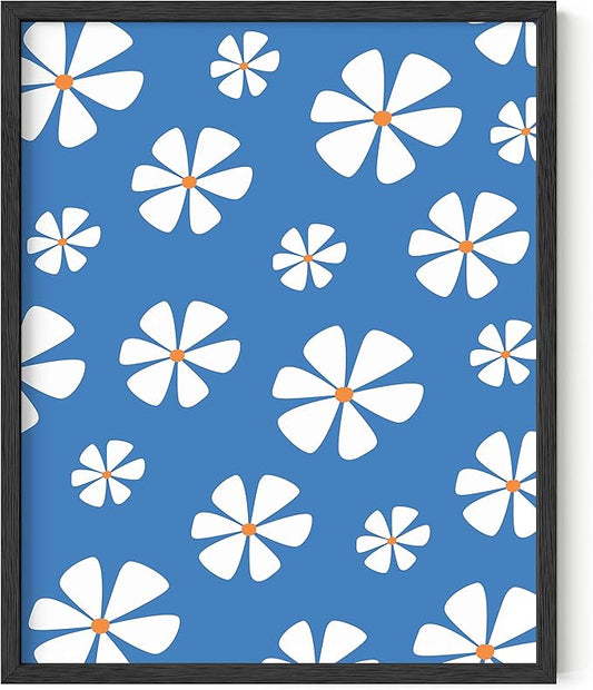 HAUS AND HUES Daisy Wall Art - Blue Floral Painting, Aesthetic Flower Picture for Home Decor (Black Frame, 16x20)