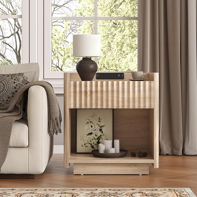 Bigbiglife Fluted Nightstand Set of 2 with Charging Station, 22" Modern Side Table with Drawer End Table with Open Storage, Bedside Table for Bedroom, Living Room, Natural Oak (2, Natural Oak)