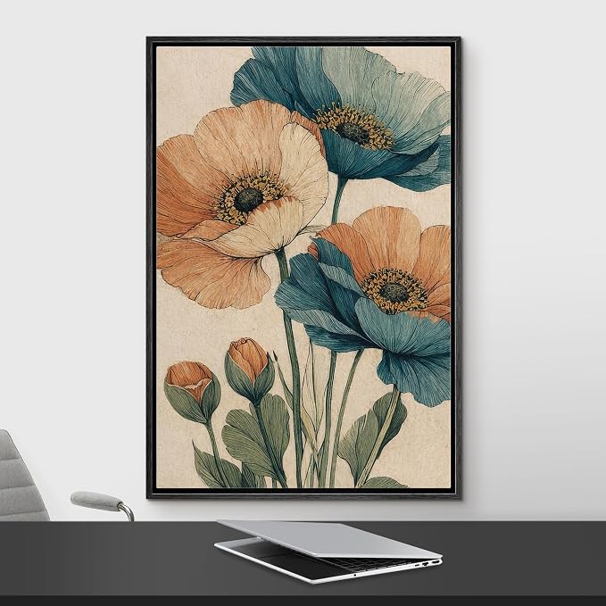 Woodrose Framed Canvas Print Wall Art Vintage Poppy Flowers Botanical Illustrations Modern Art Minimalist 3D Colorful Ultra for Living Room, Bedroom, Office - 24"x36" BLACK
