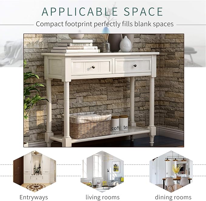35.43” Console Table with Drawers & Bottom Open Shelf, Rustic Entryway Table with Storage, Ivory White
