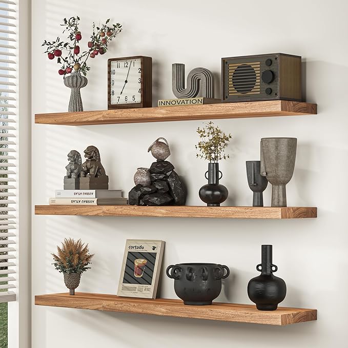 Fun Memories 42" Floating Shelves for Wall, Rustic Solid Elm Wood Floating Shelves - Invisible Bracket Mount, Extra Long Wall Mounted Shelf for Living Room, Bathroom, Bedroom, Kitchen, Natural