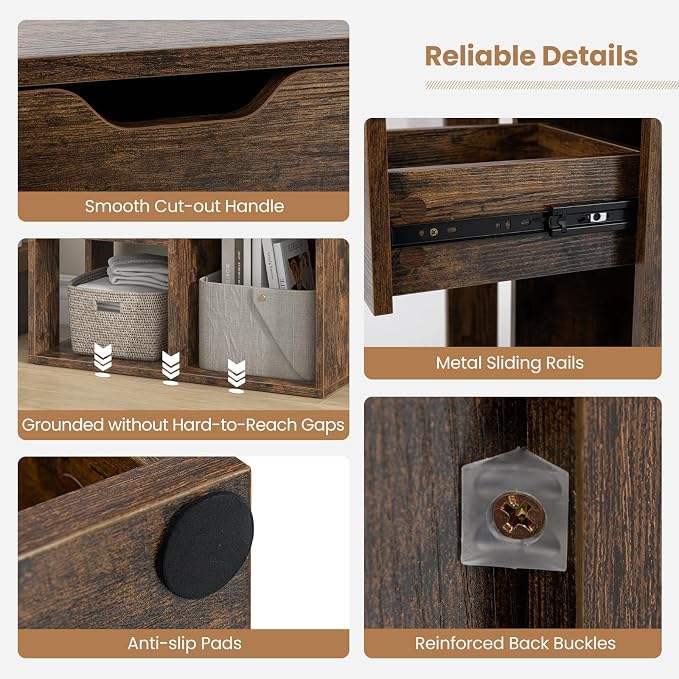 LOKO 3-Cube Bookshelf with Drawer Set of 2, 2-Tier Open Shelf Bookcase, Freestanding Display Shelf, Modern Home Storage Organizer, Shelving Unit for Living Room, Study, Office (2, Rustic Brown)