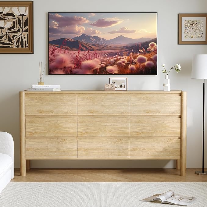 Dresser for Bedroom,9-Drawers,63" Wide Farmhouse Large Dressers & Chest,4 Solid Wood Legs,TV Stand, Storage Organizer Furniture for Bedroom(Oak)