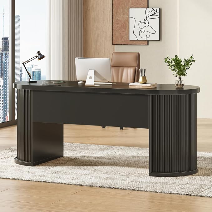 SEDETA Office Desk with 2 Drawers, 58.3" x 21.7" Fluted Long Computer Desk with 2 Sliding Doors Storage and Power Strip, Wood Executive Desk for Home Office, Living Room, Bedroom, Black