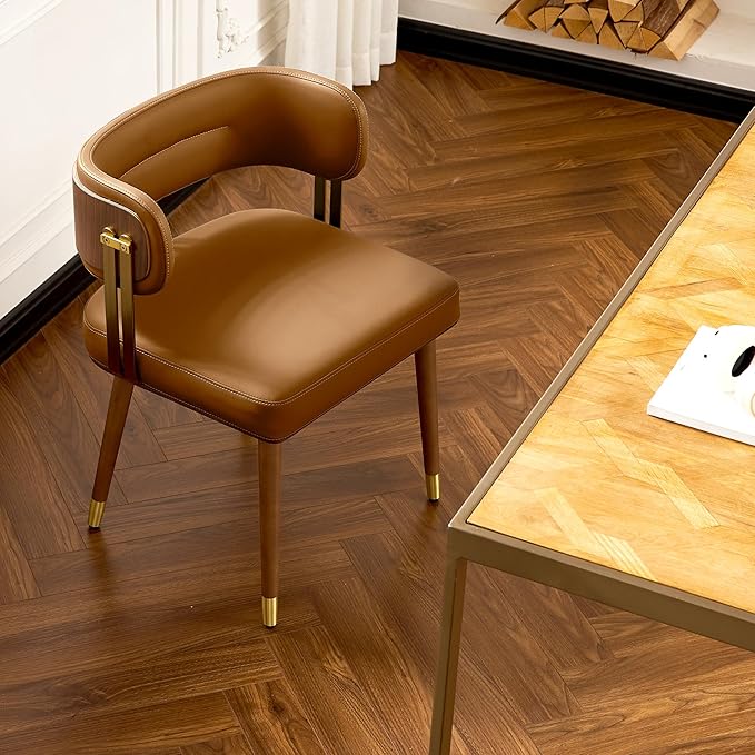 Modern Upholstered Leather Dining Chairs with High-Resilience Foam Cushion, Walnut Wood Veneer&Gold Metal Legs, 22Lx20.5Wx28.3H Inches, Anti-Slip Kitchen Chairs for Dining Room,Light Brown