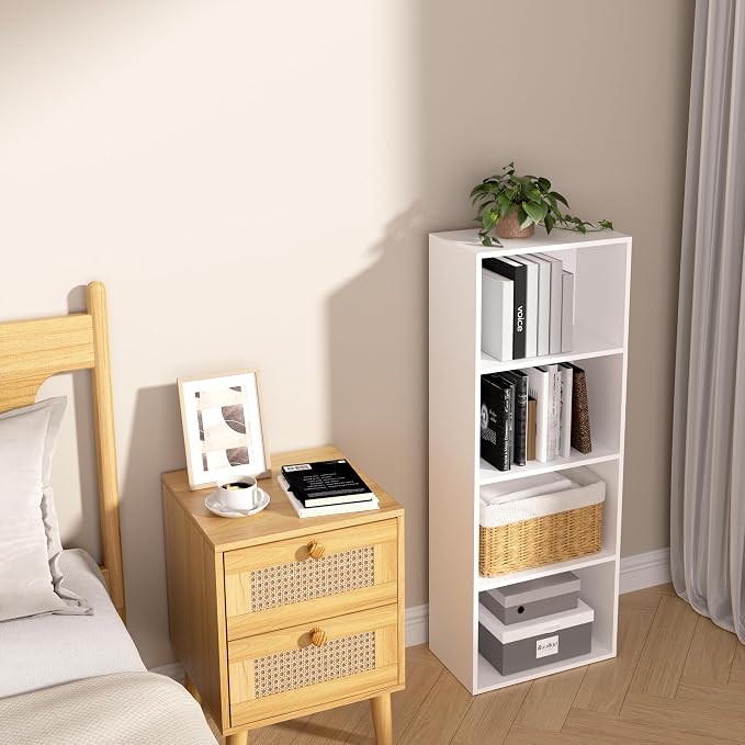 Wooden 4 Cube Storage Organizer, 4 Tier Tall Modern Bookshelf Freestanding Storage Display Organizer, Versatile Cubes Shelf and Cubby Unit for Living Room, Bedroom, Home Office 15.7inch
