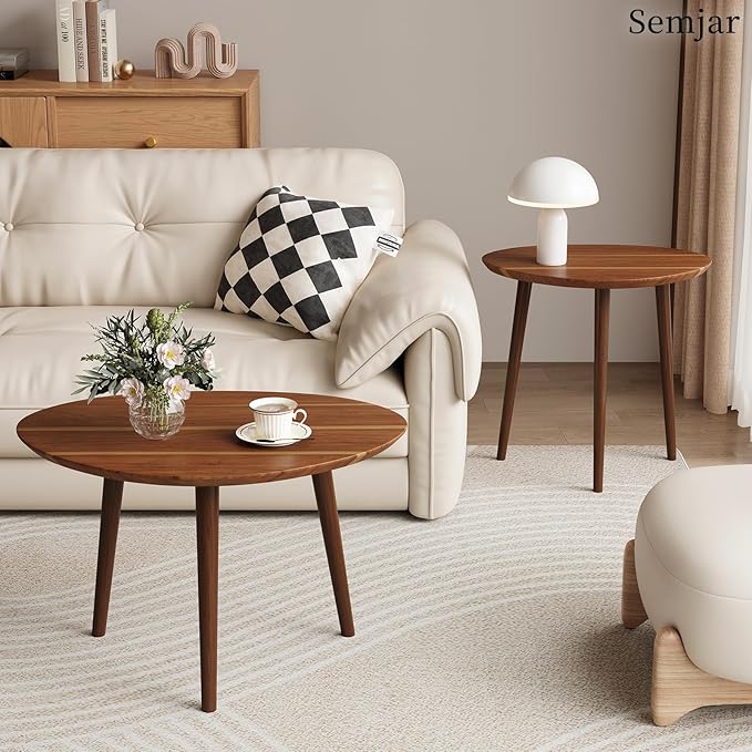 Small Oval Coffee Tables Set,Acacia Wood Tabletop Nesting Tables（25.6"x17.7"+17.7"x13.4" for Living Room Small Spaces Office,Easy Assembly Minimalist Walnut Mid Century Modern Coffee Table