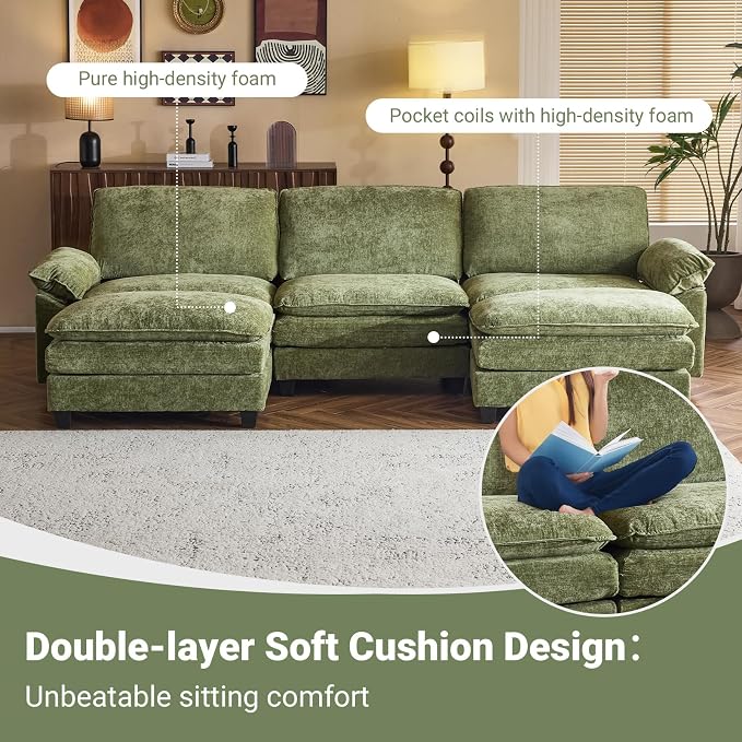 VINGLI 122" Cloud Olive Green Convertible Sectional Sofa, Comfy U-Shape Extra Deep Seat Sofa Couch for Living Room,Modern Chenille 3-Seat Convertible Sofa with 2 Movable Ottomans for Small Space