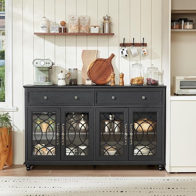 Farmhouse Sideboard Buffet Cabinet with Storage,59" Large Credenza with 4 Glass Doors & 2 Drawers,Adjustable Shelves Console Table,Wood Kitchen Coffee Bar for Dining Room,Living Room,Black