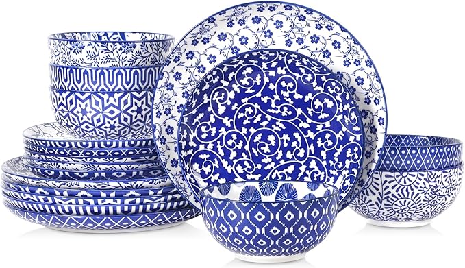 Selamica Ceramic Plates and Bowls Sets,18 Pieces Retro Floral Dinnerware Sets for 6,Dishwasher & Microwave Safe dish set,Family & Holiday Dining, Vintage Blue