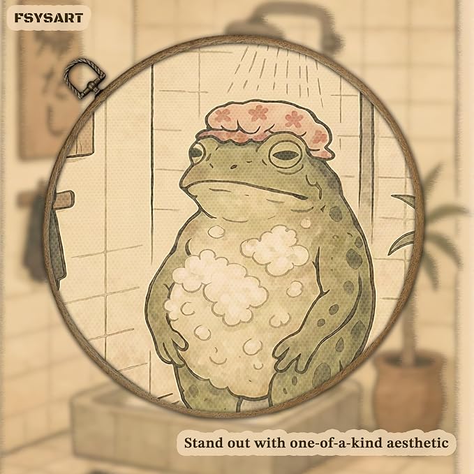 Framed Vintage Frog Bathroom Wall Art, Funny Cute Green Frog in Bubble Bath Canvas Prints, Japanese-Style Retro Cartoon Animal Artwork, Whimsical Wall Decor for Dorm Apartment Toilet 16x24in