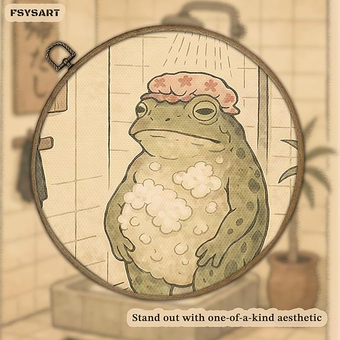 Framed Vintage Frog Bathroom Wall Art, Funny Cute Green Frog in Bubble Bath Canvas Prints, Japanese-Style Retro Cartoon Animal Artwork, Whimsical Wall Decor for Dorm Apartment Toilet 8x10in