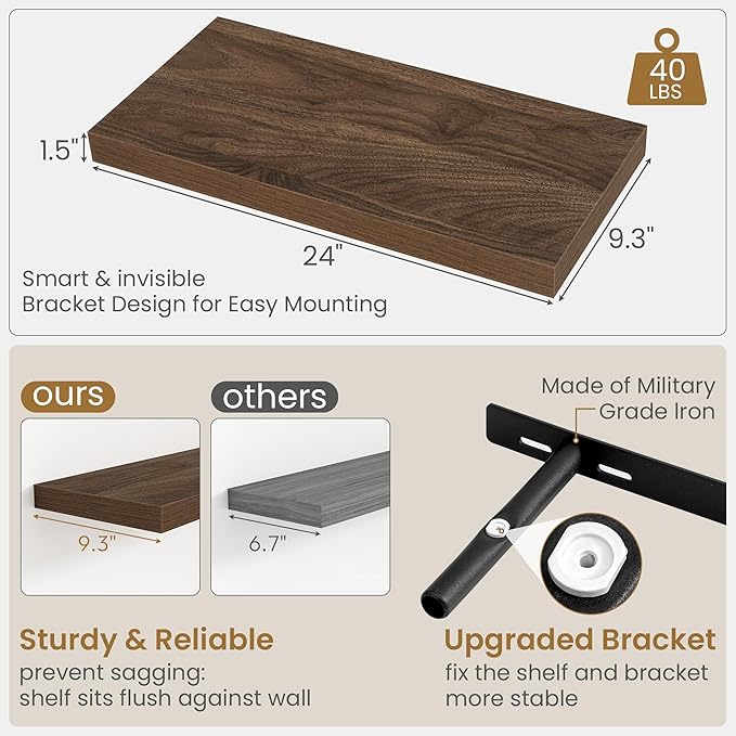 24"W x 9.3"D Floating Shelves for Wall, Wall Mounted Bathroom Shelves 2 Pack Deep Floating Shelf for Bedroom Kitchen Living Room, Rustic Wooden Wall Shelf with Invisible Bracket for Books Decor