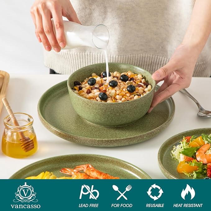 vancasso Plates and Bowls Sets, 18 Pieces Stoneware Dinnerware Set for 6, Ceramic Dish Set for Kitchen, Microwave and Dishwasher Safe, Mossy Green, Series ZERMATT