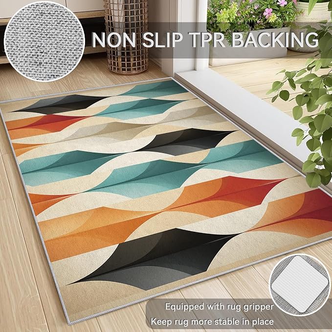 Mid Century Modern Area Rug 3x5, Washable Non Slip Low Pile Abstract Geometric Carpet for Living Room Bedroom Dining Room, Contemporary Retro Accent Rug, Ivory Teal Orange Black