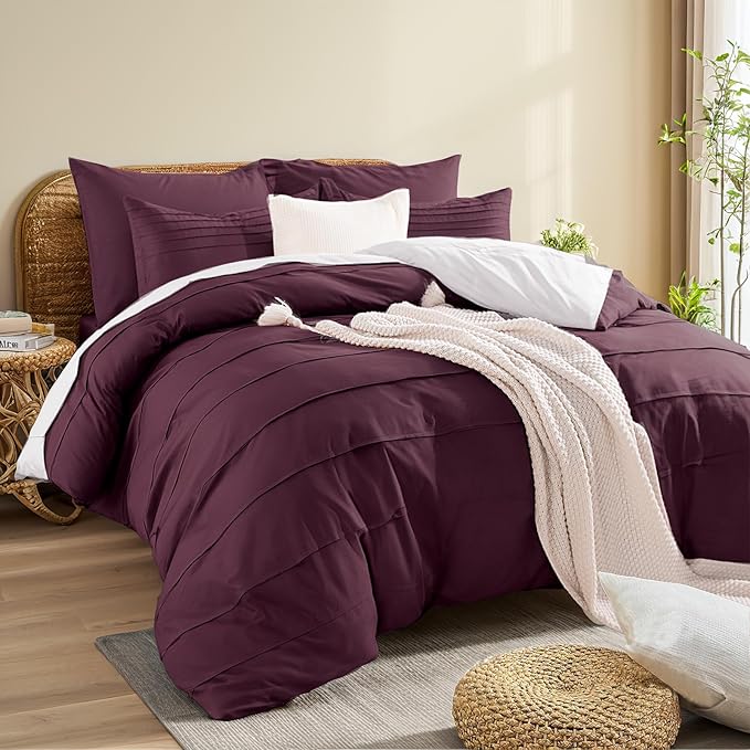 NEXHOME PRO 100% Washed Cotton Duvet Cover Twin, Linen Like Pleated Textured Burgundy Bedding Set, 2pc Organic Bedding Set with Zipper Closure, Soft, Breathable (68"x90", No Comforter)