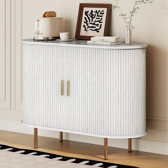 DHH Sideboard Buffet Cabinet with Storage,Mid Century Modern Fluted Accent Coffee Bar Console Table,Tambour Sliding Doors& Adjustable Shelf for Kitchen, Living Room, Entryway (White, 40 Inch)