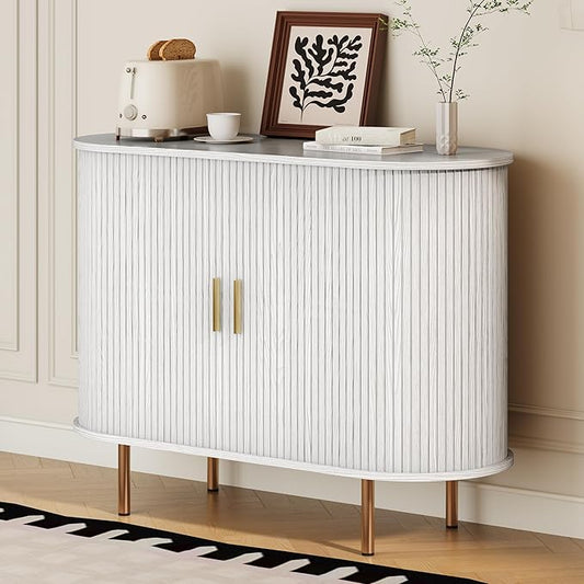 DHH Sideboard Buffet Cabinet with Storage,Mid Century Modern Fluted Accent Coffee Bar Console Table,Tambour Sliding Doors& Adjustable Shelf for Kitchen, Living Room, Entryway (White, 40 Inch)