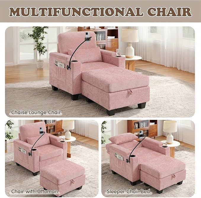 Small Chaise Lounge Chair Indoor with Ottoman&Adjustable Backrest,Chenille Tufted Recliner Comfy Sofa Chair with USB,Phone Holder&Storage Arms,Convertible Sleeper Couch Bed for Living Room(37"W,Pink)