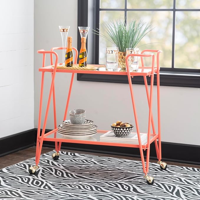 Gina Coral Mid-Century Bar Cart with Mirrored Shelves and Locking Wheels by Linon