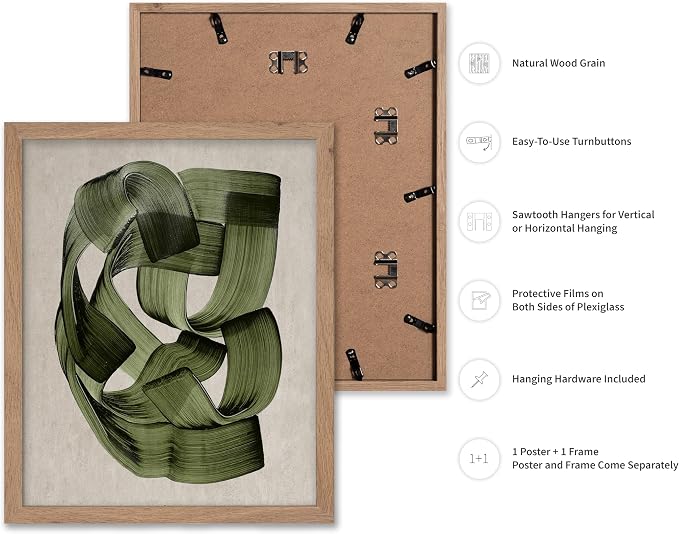 Poster Master Green Abstraction Poster - Brush Strokes Print - Painted Swirl Art - Chic Boho Design - Abstract Illustration - Great Office or Living Room Decor - 16x20 Beige Framed