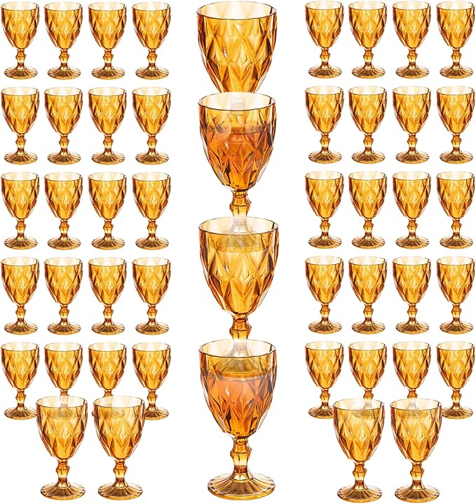 48 Pack Vintage Wine Glasses, Plastic Reusable 12 Ounce Colored Water Goblets, Unique Embossed Pattern Unbreakable Stemmed Wine Glasses High Clear Wedding Party Bar Drinking Cups Amber