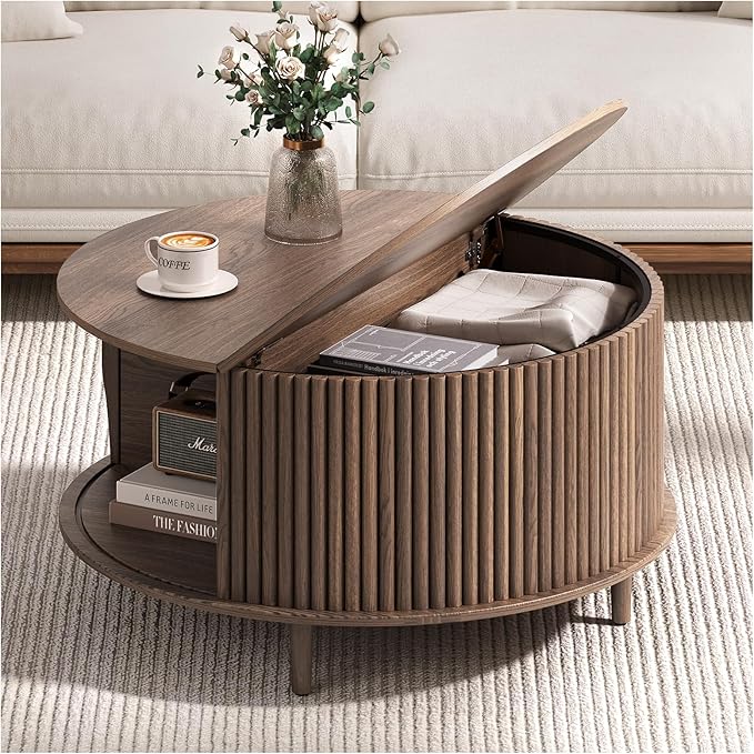 Round Coffee Table with Storage, 31.5" Fluted Center Table for Living Room, Modern Walnut Wood Circle Drum Table with Sliding Cabinet Door, Mid Century Furniture for Small Space