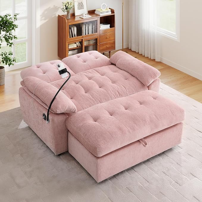 Oversized Chaise Lounge Chair Indoor with Ottoman&Adjustable Backrest,Chenille Tufted Recliner Comfy Loveseat Sofa Chair with USB&Phone Holder,Convertible Sleeper Couch Bed for Living Room(56"W,Pink)