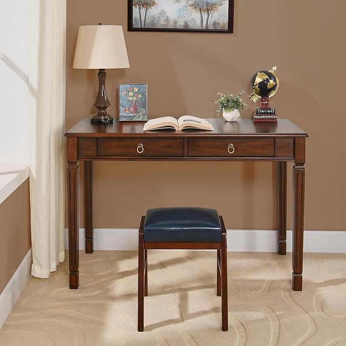 Large Computer Desk With 2 Storage Drawers, 46" Home Office Desks- , Elegant Wood Writing Desks with Carved Legs, Classic Vanity Dressing Table for Living Room, Easy Assembly, Caramel Brown BSZ-D1258
