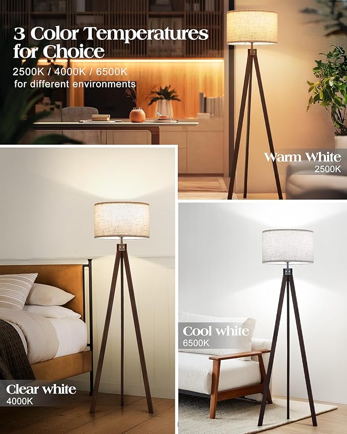 ELYONA Wood Tripod Floor Lamp with 3 Color Temperatures Bulb, Mid Century Modern Reading Standing Light, Farmhouse Floor Light Linen Shade for Living Room Bedroom Office, Walnut, 9W LED Bulb Include