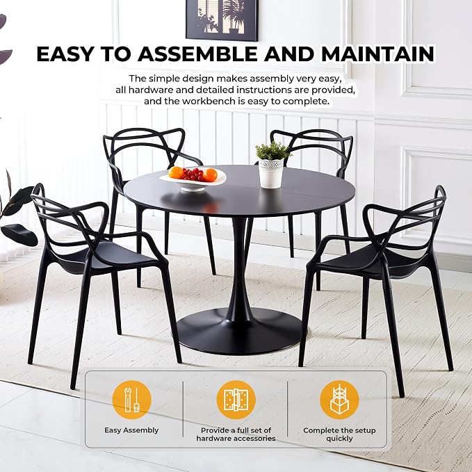 42" Round Black Tulip Dining Table for 4, Modern Pedestal Kitchen Table with Thickened Tabletop, Sturdy Tulip Shape Base, Round Dining Table for Dining Room, Living Room, Cafe