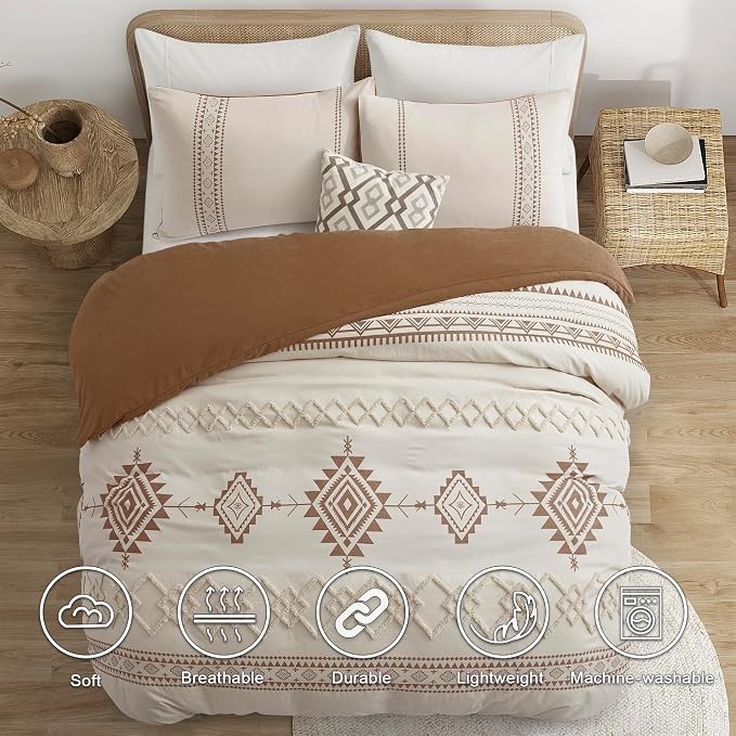 Oli Anderson Boho Duvet Cover Set Twin Size, Beige and Terracotta Color Clash 2 Pieces Microfiber Bedding Set, Durable and Super Soft Duvet Covers with Zipper and Ties, 68"*90"