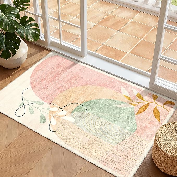 MUJOO 2x3 Washable Rug Small Area Rugs for Entryway Kitchen Bedroom,Boho Non Slip Throw Carpet for Bathroom Entrance Door Mat Mid Century Modern Abstract Botanical Geometric Accent Pink