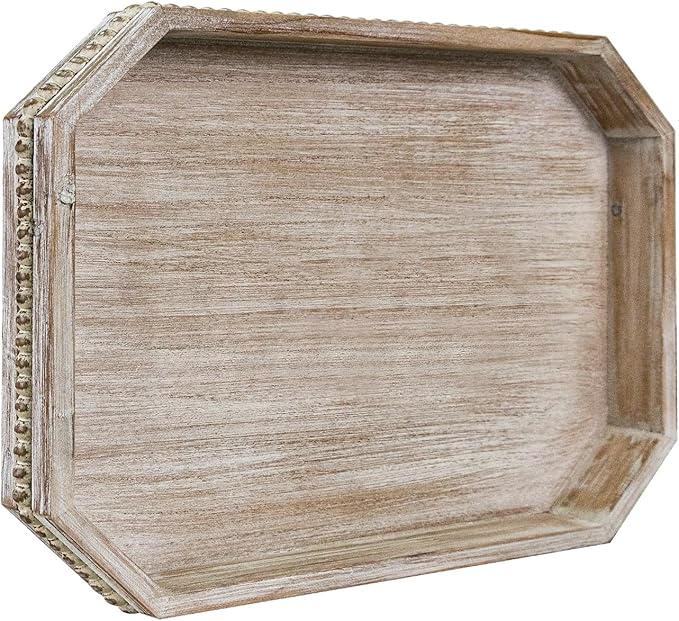 MAONAME Wood Serving Tray, Farmhouse Wooden Tray for Coffee Table, Octagonal Beaded Trays, Washed White Decorative Trays for Living Room, Kitchen, 15.7" X 10.2" X 1.6"