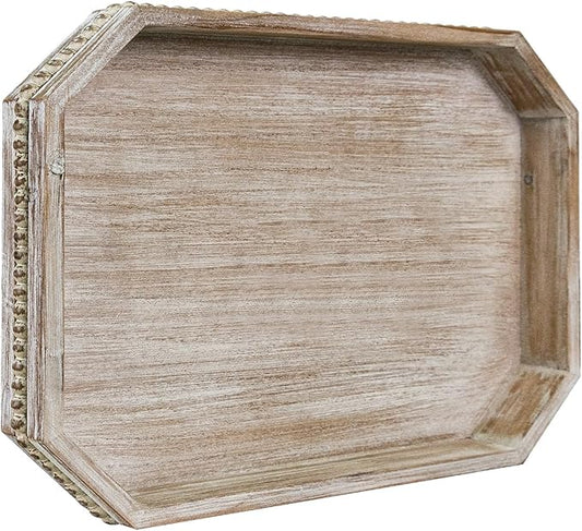 MAONAME Wood Serving Tray, Farmhouse Wooden Tray for Coffee Table, Octagonal Beaded Trays, Washed White Decorative Trays for Living Room, Kitchen, 15.7" X 10.2" X 1.6"