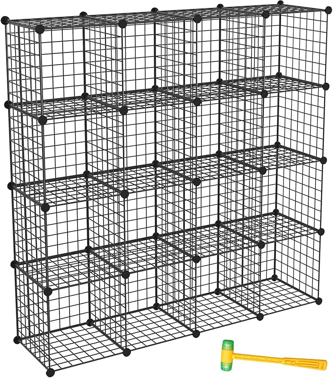 Wire Storage Cubes, Metal Storage Shelves Bookshelf, Stackable Modular Closet Organizer for Bedroom Living Room, Office, Black (16 Cubes, Iron)