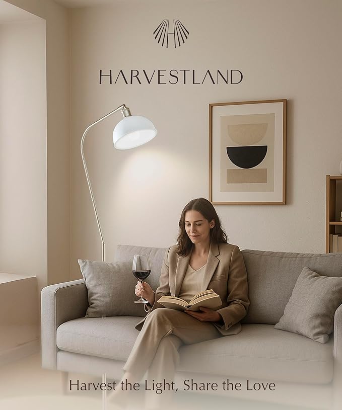 HarvestLand Halo Brass Floor Lamp Standing Reading Lamps Solid Base, Reading Lamp for Living Room, Bedside Table or Over Chair Use, Reading Light Standing Lamp, Adjustable Pharmacy Floor Lamp- White