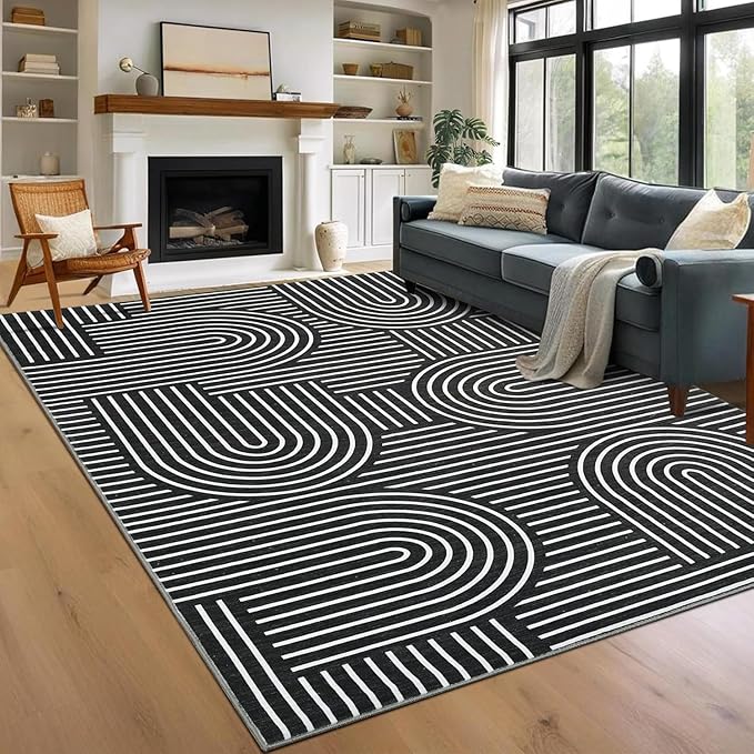 Washable Rug 10x13 Area Rugs for Living Room, Abstract Rug for Bedroom, Soft Rainbow Rugs with Rubber Back, Low Pile Stain Resistant Boho Geometric Rug for Dining Room, Black