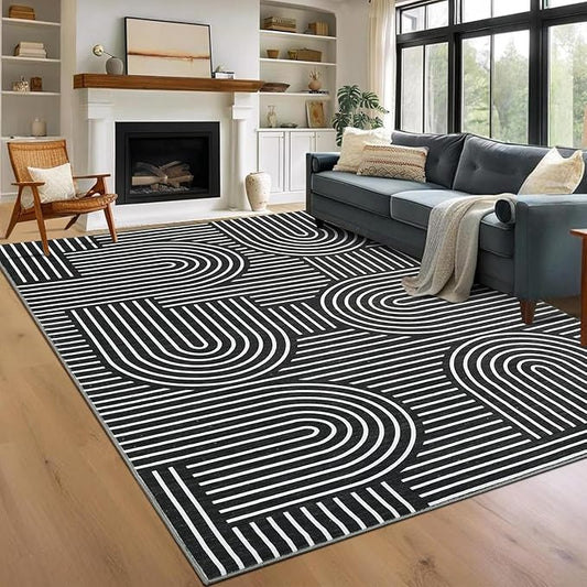 Washable Rug 9x12 Area Rugs for Living Room, Abstract Rug for Bedroom, Soft Rainbow Non Slip Throw Rugs with Rubber Back, Low Pile Stain Resistant Boho Geometric Carpet for Dining Room, Black