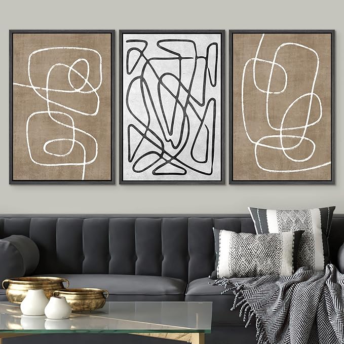 SIGNWIN Framed Canvas Print Wall Art Set Geometric Mid-Century Sketches Graffiti & Street Art Abstract Illustrations Modern Art Decorative Nordic for Living Room, Bedroom, Office - 24"x36"x3 Black