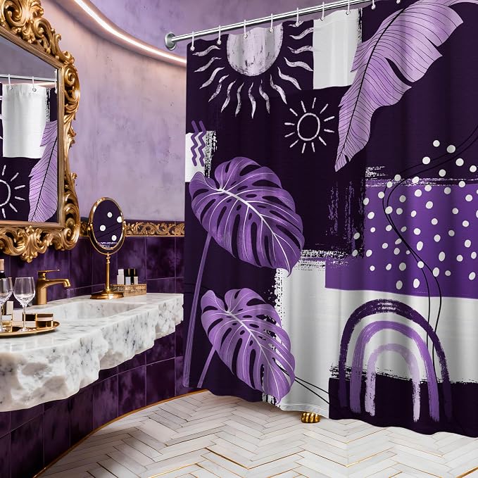 Purple Mid Century Modern Shower Curtain Bohemian Abstract Lavender Shower Curtains for Bathroom Decor Sets, Waterproof Cloth Fabric with Hooks, 60x72 Inch