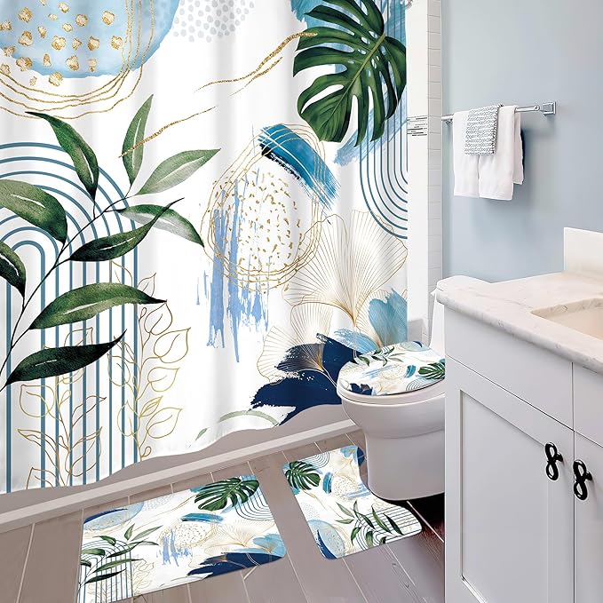 4 PCS Blue Boho Shower Curtain Set 72Wx72H Non-Slip Bath Rug Toilet Lid Cover and U Shape Mat Navy Modern Tropical Palm Leaves Complete Bathroom Set Accessories with 12 Hooks Bathroom Decor